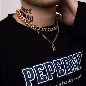 Unisex Gold Chunky Chain Lock Pendant Necklace